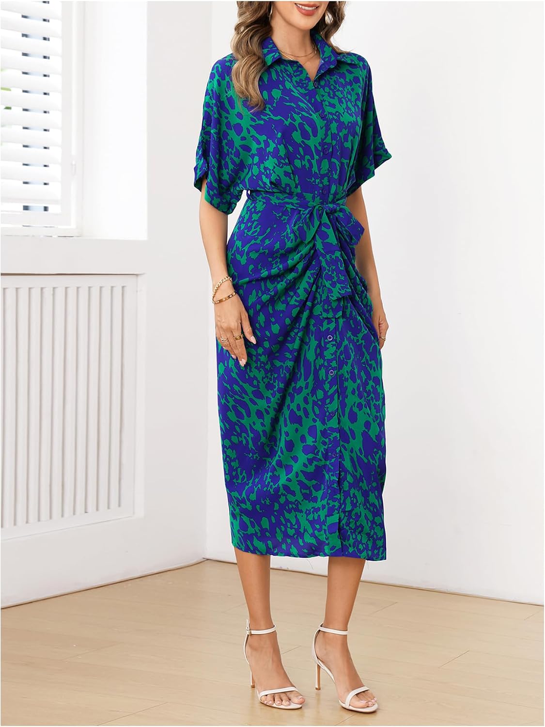 Large, MakeMeChic Women's High Waist Belted Shirt Dress High Split Printed Collar Neck Short Sleeve Midi Dress