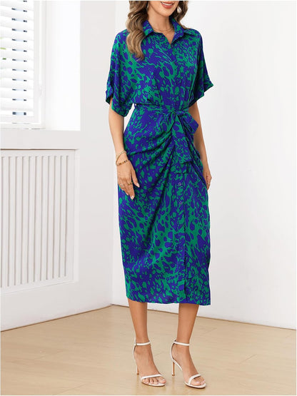 Large, MakeMeChic Women's High Waist Belted Shirt Dress High Split Printed Collar Neck Short Sleeve Midi Dress