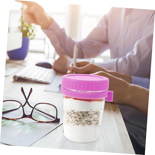 1 Set Oatmeal Cup Clear Dessert Cup Jars with Measurement Marks Large Mouth Food Cup Food Containers Milk Cup Salad Jars with Airtight Lids Cereal Cup Purple Outdoor