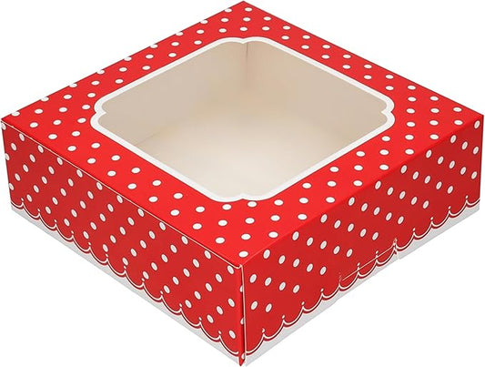 20 Pack Bakery Boxes with Window Small 6x6x2 inch for Cookie, Candy, Pastry, Brownie, Chiffon Cake, Tart, Pie, Waffle (Red-Polka Dot)