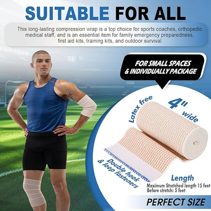 Elastic Bandage Wrap 4” Wide, 2 Pack | High-Performance Compression Bandage Wrap | Reusable | Excellent Elasticity for Legs, Ankle, Knee, Tummy, Body, Wrist | Sports & Outdoors (2 Pack)