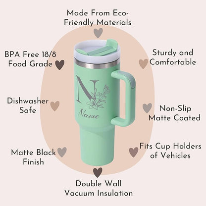 Personalized 40 oz Tumbler With Engraved Name, Custom Monogrammed Initial Thermos With Handle, Customized Birthday Gift Cup For Women, Bridesmaid Coffee Mug With Straw