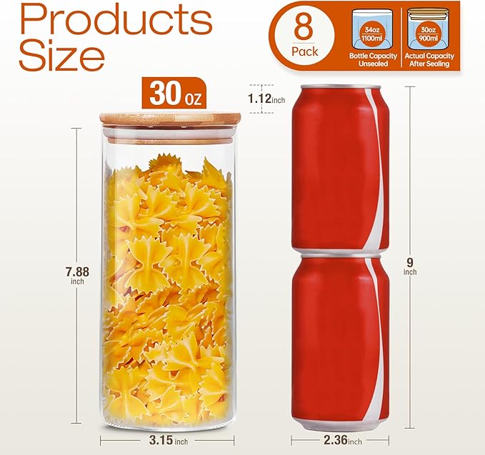 Glass Jars with Bamboo Lids 30 floz Set of 8, Glass Canisters with Airtight Lids, Glass Food Storage Containers for Pasta, Oats, Coffee, Flour, Sugar, Rice, Best for Kitchen  Pantry