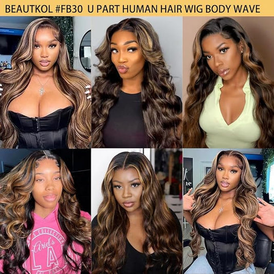 U Part Human Hair Wig Body Wave Highlight 1b30 Ombre Brown Wig Human Hair 180 Density U Part Wig Half Brazilian Virgin Human Hair Wigs For Black Women Clip In Glueless No Leave Out Wig 18Inch