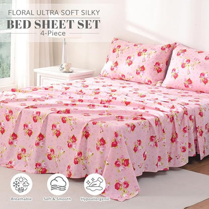 Bedlifes Full Size Sheet Sets Ultra Soft Breathable Silky Flower Bed Sheets Deep Pocket 100 Microfiber Bedding Sheets 4 Piece Full Size Pink Floral(Red Rose)