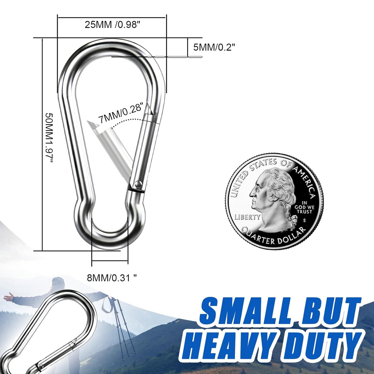 Small Carabiner Clip Hooks, 15pcs 1.97 inch Carabiners Heavy Duty, 304 Stainless Steel Spring Snap Hook Fits Camping Hiking, Metal Clips for Rope Chain Keys Rings (Some Scoring and Scratches)