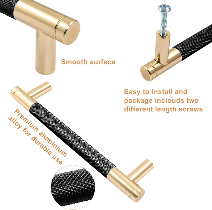 2 Pack 5"128mm Knurled Cabinet Handles Dresser Cabinet Pulls Aluminum Alloy Drawer Cabinet Hardware for Dresser Drawers Cupboard, Gold  Black