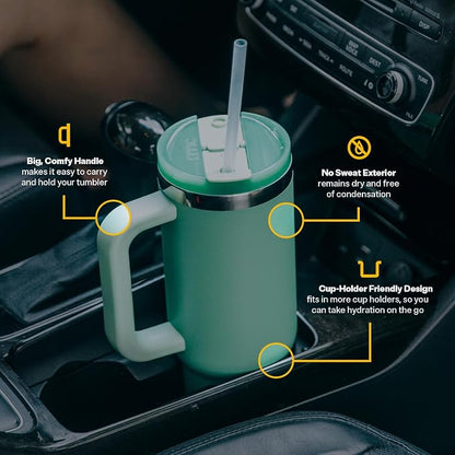 RTIC 40 oz Road Trip Tumbler Double-Walled Cermaic Lined Insulated Stainless Steel Portable Travel Coffee Mug Cup with Lid, Handle and Straw, Sunlight Glitter