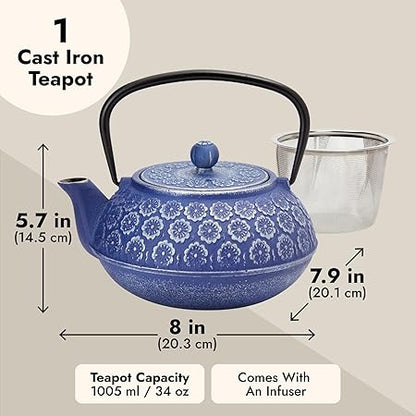 Japanese Cast Iron Teapot with Infuser for Loose Leaf and Tea Bags, Kettle Includes Handle and Removable Lid (Blue, 34oz)