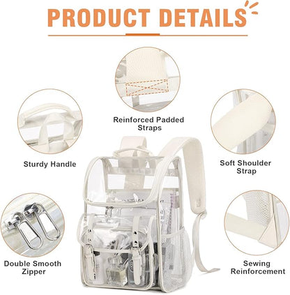 Clear Backpack with Clear Bag Set, Leather Clear Backpack Heavy Duty Thick PVC Clear Bookbag Fashion See Through Transparent Backpack with Support Pad for College Travel Work Security Beige