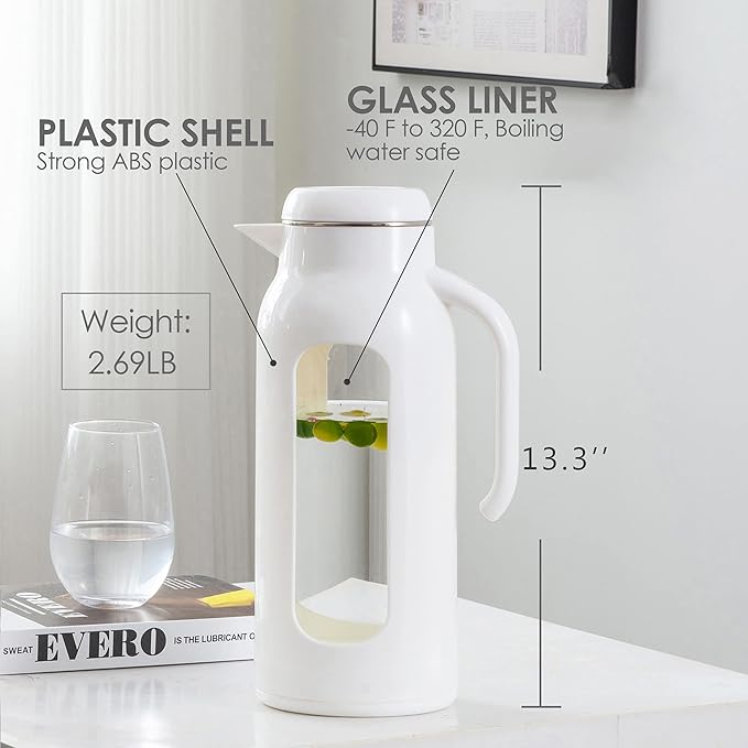 Delove 85oz/2.5 Liter Glass Water Pitcher with Lid and Shatterproof Shell - Iced Tea Pitcher&Carafe - Heat Resistant Glass Jug Water Carafe with Handle for Juice, Cold or Hot Beverages -White