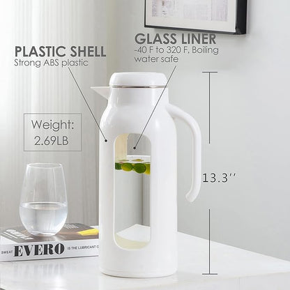 Delove 85oz/2.5 Liter Glass Water Pitcher with Lid and Shatterproof Shell - Iced Tea Pitcher&Carafe - Heat Resistant Glass Jug Water Carafe with Handle for Juice, Cold or Hot Beverages -White