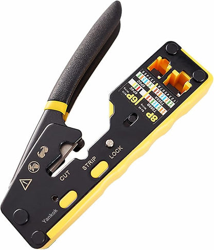 [6088 Pass Through Crimper] for RJ45 Pass-thru and RJ45 RJ12 RJ11 8P 6P Regular Network Connectors Crimp Strip Cut CAT5 CAT6 CAT7 Unshielded and Shielded Cables (Built-in Pass Thru Blade)