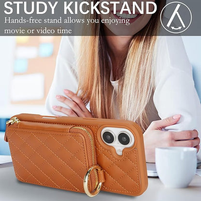 for iPhone 16 Plus Case Wallet with Card Holder for Women,for iPhone 16 Plus Phone case Wallet with Strap Credit Card Slots Crossbody with Kickstand Zipper Case-Brown