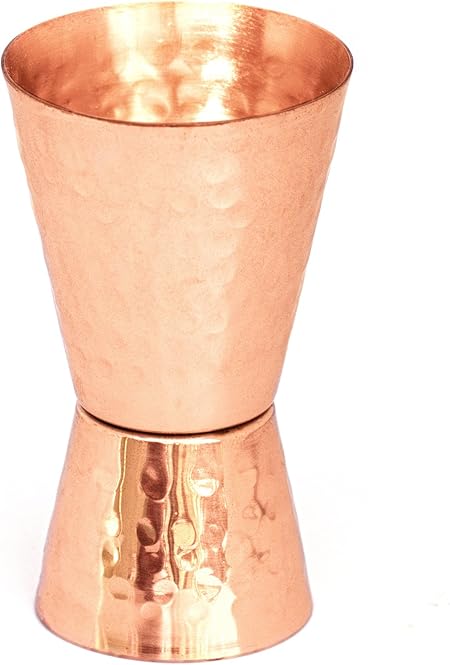 Copper jigger lacquered for the shine and to prevent tarnish. - Double 1oz2oz copper measuring jigger for cocktail mixing. - Solid hammered copper 22G copper. - Copper shot glass for Moscow mule.