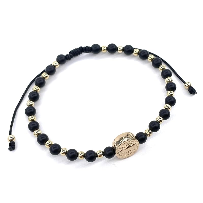 St Benedict Coin and Natural Round Black Onix Beads Adjustable Bracelet for Women (Black Onix)