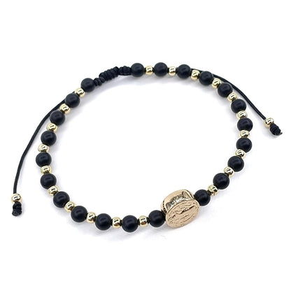 St Benedict Coin and Natural Round Black Onix Beads Adjustable Bracelet for Women (Black Onix)