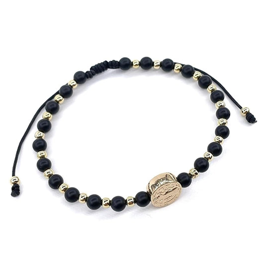 St Benedict Coin and Natural Round Black Onix Beads Adjustable Bracelet for Women (Black Onix)