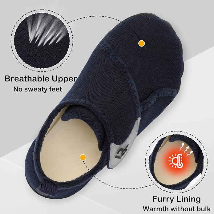 relxfeet Men's Diabetic Slippers Wide Width Adjustable Fit | Soft Upper, Cozy Lining, Removable Insole, Non-Slip Rubber Sole, Indoor Outdoor House Shoes for Neuropathy and Swollen Feet