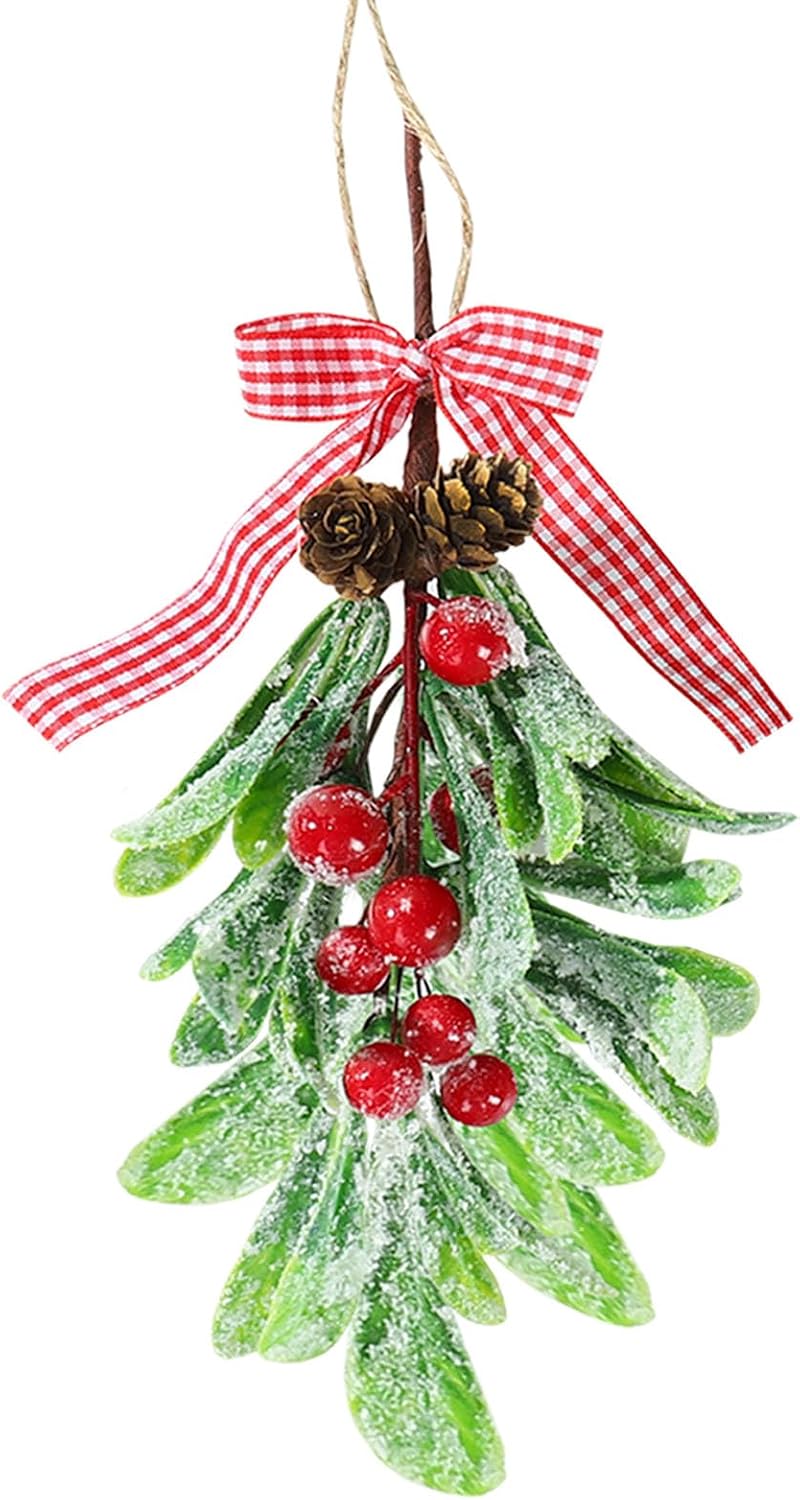 Mistletoe Decoration - 1pcs Mistletoe Christmas Decor Plaid Bow Red Berries Christmas Ball Ornaments,Kissing Ball Artificial Dry Leaf Hanging Decoration Mistletoe Herb for Tree/Door