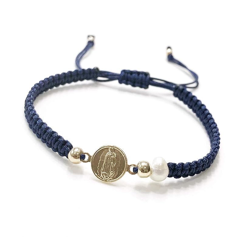 Our Lady of Guadalupe Medal and Dainty Cultured Fresh Father Pearl Adjustable Red String Bracelet Pulsera de la Virgen de Guadalupe para Mujeres (Blue)