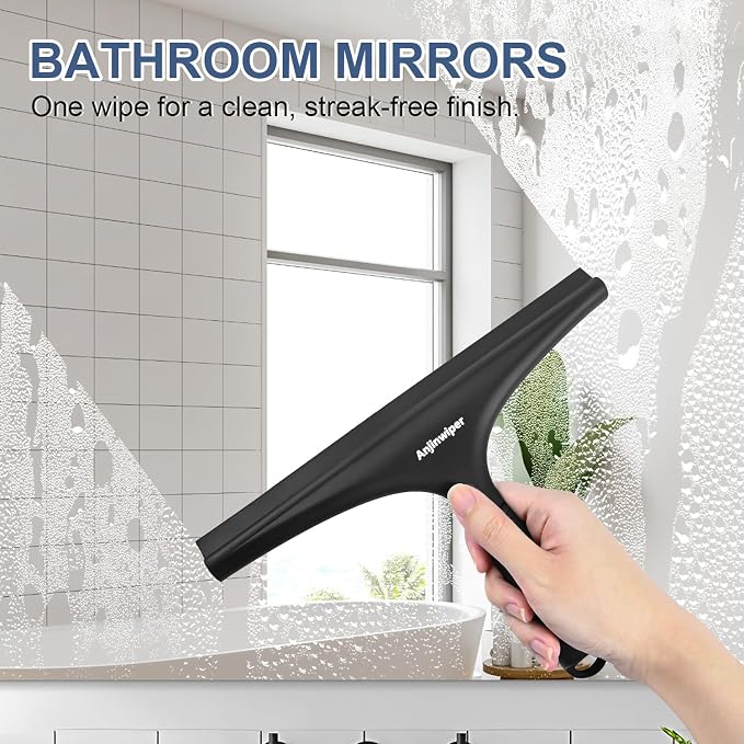 All-Purpose Shower Squeegee for Glass Doors with Hook, Silicone Squeegee for Shower Glass, Shower Doors, Windows, Bathroom, Mirrors and Tiles?10 inch, Black)