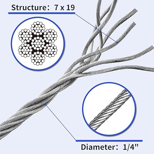 LuckIn 14" Stainless Steel Cable, Thickened 14 Steel Cable 200ft, 7x19 Strand 14 Aircraft Cable for Yard, Zipline Cable, Stainless Cable for Deck Railing, 6400lbs Breaking Strength