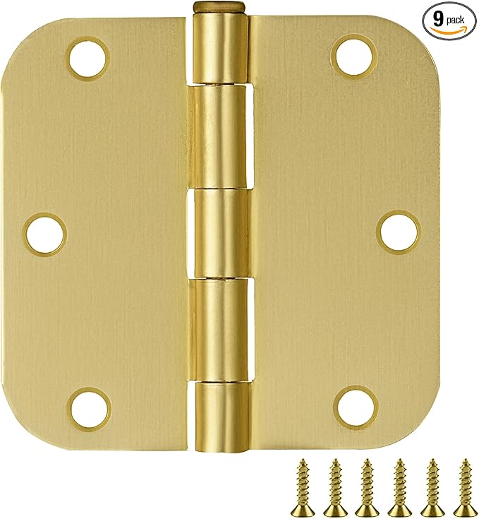 Door Hinges for Interior Doors 9-Pack 3.5-inch x 3.5-inch – Rounded 5/8-inch Radius Steel Door Hinge – Satin Brass – Fits Standard Doors – Design House 191130
