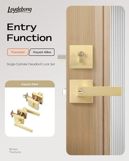 Leydebong 1 Pack Gold Entry Door Locksets with Single Cylinder Deadbolt, Front Door Lock Set, Heavy Duty Entrance Lever Door Handle Single Keyed Square Deadbolt Lock