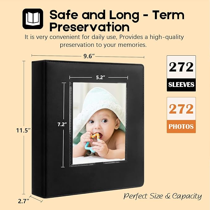 Aevdor 272 Pockets Photo Album 5x7 Holds 272 Photos, Extra Large Capacity Leather Cover 5x7 Photo Album with Front Window for Family Wedding Baby Pictures, 5x7 Photo Book with Black Inner Pages, Black