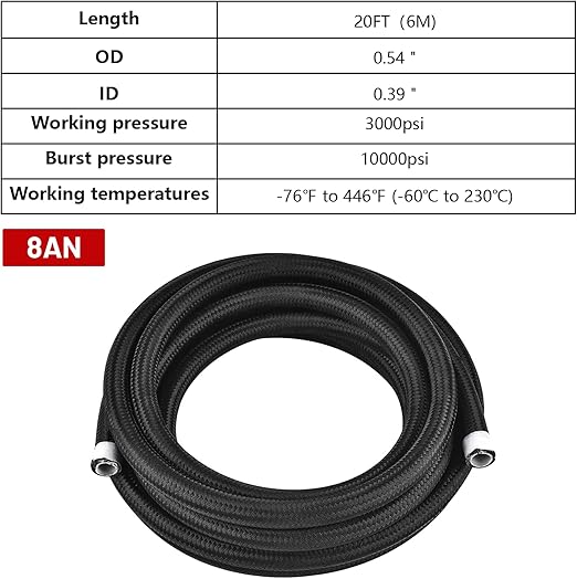 8AN 20FT PTFE Fuel Line Hose, E85 Stainless Steel Nylon Braided Fuel Hose Compatible with all Automotive Fuels, Lubricants, and Coolant - Black
