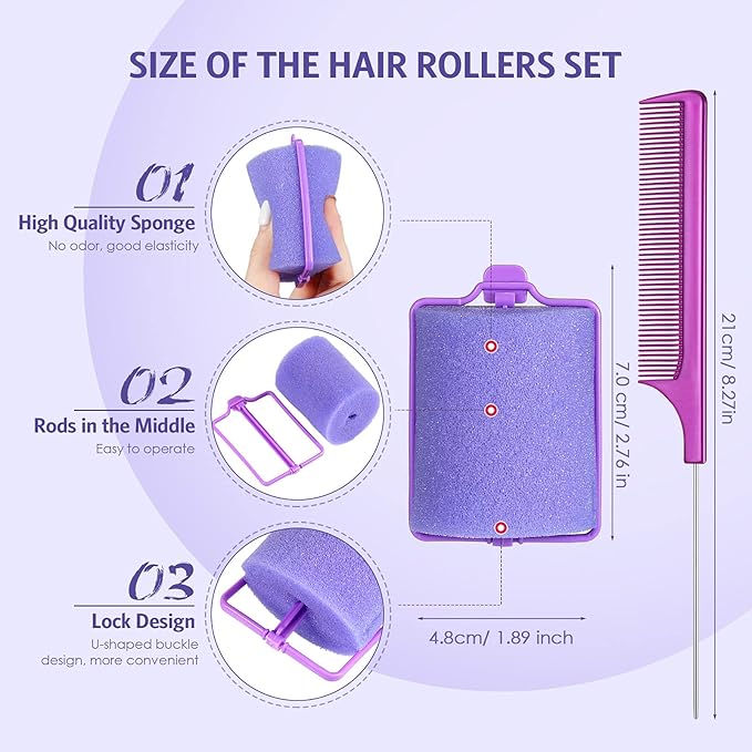 Syhood 12 1.89 Inch Jumbo Foam Sponge Rollers Soft Sleep Curlers Flexible Large Foam Rollers and Rat Tail Comb for Hair Comb (Purple)