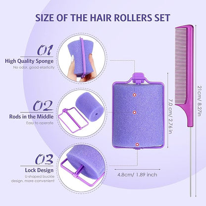 Syhood 12 1.89 Inch Jumbo Foam Sponge Rollers Soft Sleep Curlers Flexible Large Foam Rollers and Rat Tail Comb for Hair Comb (Purple)