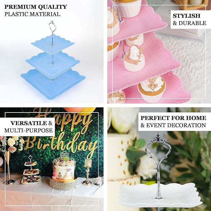 Efavormart 13"  3 Tier Floral Print Cupcake Stand, White Square Dessert Tray Display Holder with Wavy Edges - Plastic