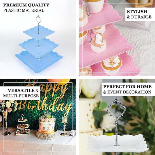 Efavormart 13"  3 Tier Floral Print Cupcake Stand, White Square Dessert Tray Display Holder with Wavy Edges - Plastic