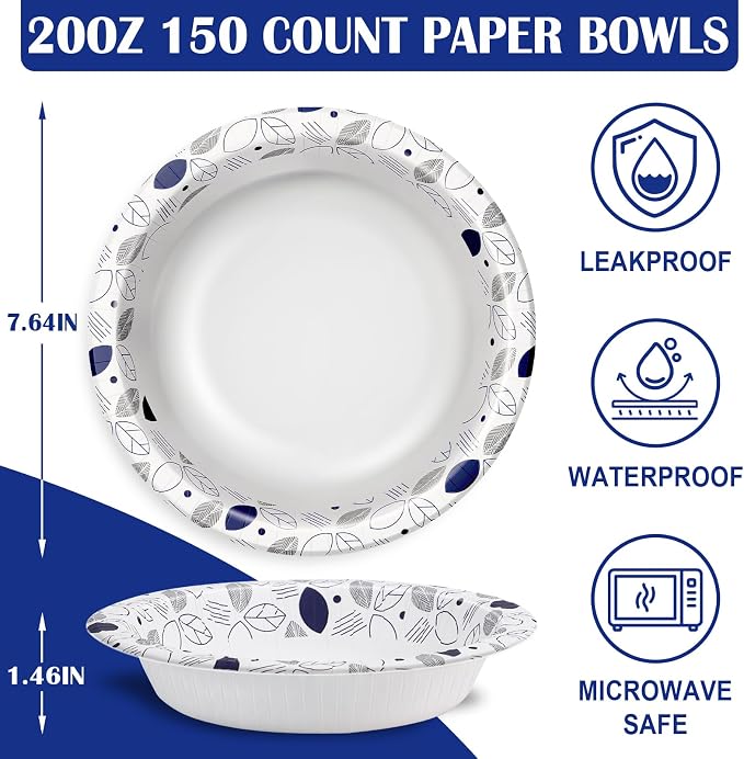 Lamosi 150 Counts 20 oz Paper Bowls, Heavy Duty Soak Proof Paper Bowls, Microwave Safe, Disposable Bowls Bulk for Breakfast, Lunch, and Dinner Meals