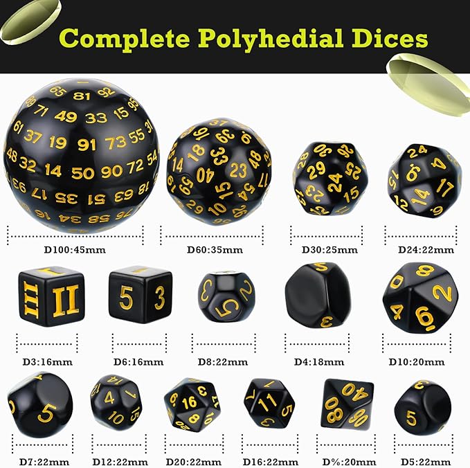 Civaner 15 Pcs Complete Polyhedral Dice Set D3-D100 Spherical RPG Dice Set in Opaque Black, 100 Sides for Role Playing Table Games Party Supplies(Black and Yellow)