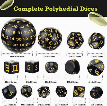 Civaner 15 Pcs Complete Polyhedral Dice Set D3-D100 Spherical RPG Dice Set in Opaque Black, 100 Sides for Role Playing Table Games Party Supplies(Black and Yellow)