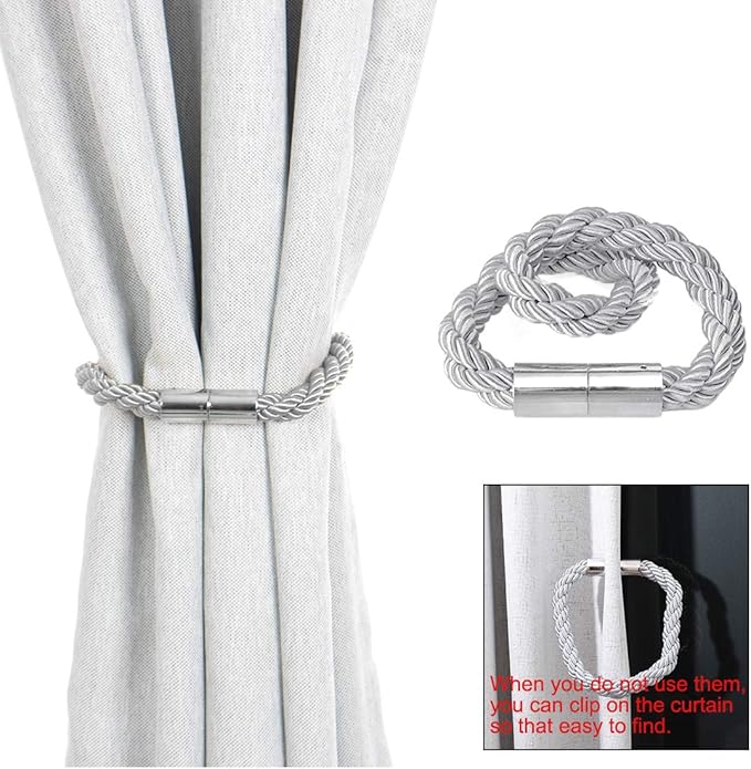 uxcell 2 Pack Magnetic Curtain Tiebacks 21.7 Inch Curtain Holdbacks Window TieBack Clips Decorative Rope Curtain Holdback Holder Gray