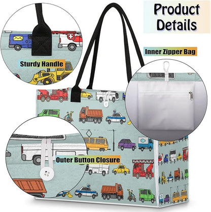 Tote Bag for Women Transportation Car Pattern Large Beach Bag Reusable Grocery Bags Tote Bag for Work Shopping Travel Beach