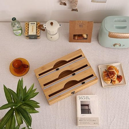 Bamboo Food Wrap Dispenser Storage Dispenser For Aluminum Foil Dispenser Fresh-keeping Film With Cutter Cling Film Holder Kitchen Accessories (2-layers)