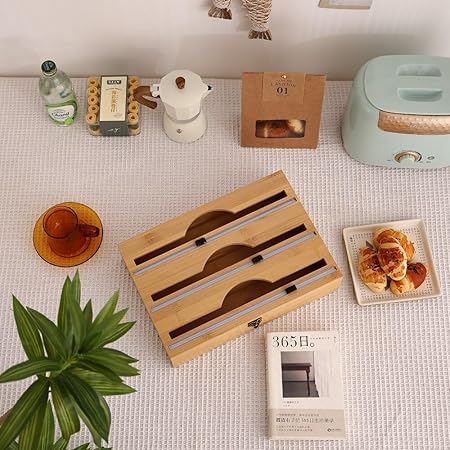 Bamboo Food Wrap Dispenser Storage Dispenser For Aluminum Foil Dispenser Fresh-keeping Film With Cutter Cling Film Holder Kitchen Accessories (2-layers)