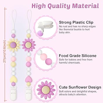 2 Pack Silicone Pacifier Clip for Boys and Girls, Features One-Piece Design Pacifier Strap with Clip, Adorable Sunflower Pacifier Holder for Baby Teethers and Toys