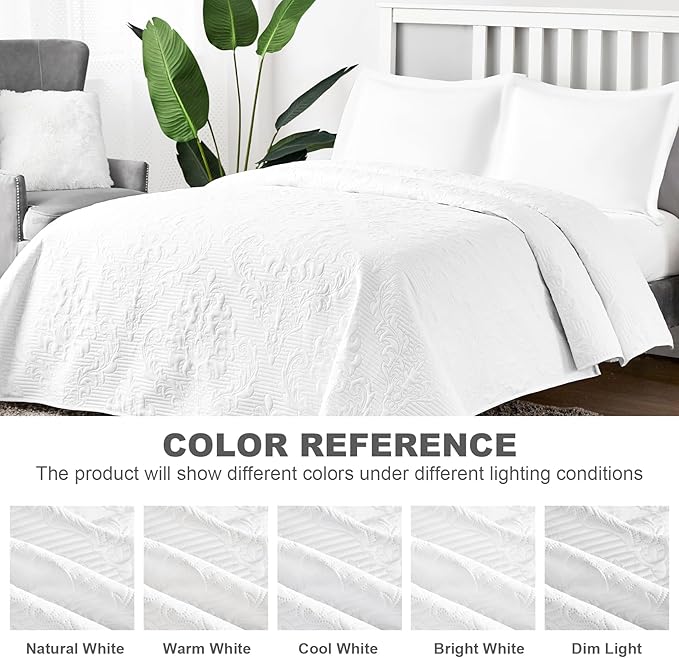 Hansleep White Quilt California King Size - Damask Ultrasonic Summer Bedspread California King, Soft Lightweight Coverlet Bedding Set, 3 Pieces (1 Quilt, 2 Pillow Shams)