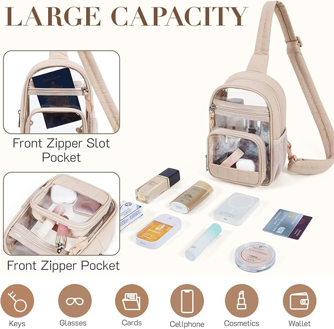 Missnine Clear Bag for Stadium Events Clear Fanny Pack Sling Bag Crossbody | Clear Purse Stylish Concert Bag for Sport with Side Mesh Pocket & Front Pocket