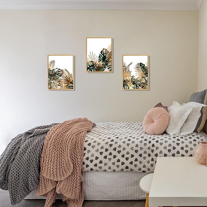 Loomarte Framed Plant Wall Art Simple Tropical Green Leaves Wall Decor Boho Palm Botanical Prints Minimalist Pictures Home Decorations for Living Room Bedroom Bathroom 12x16 Inches Golden Frame,3 PC