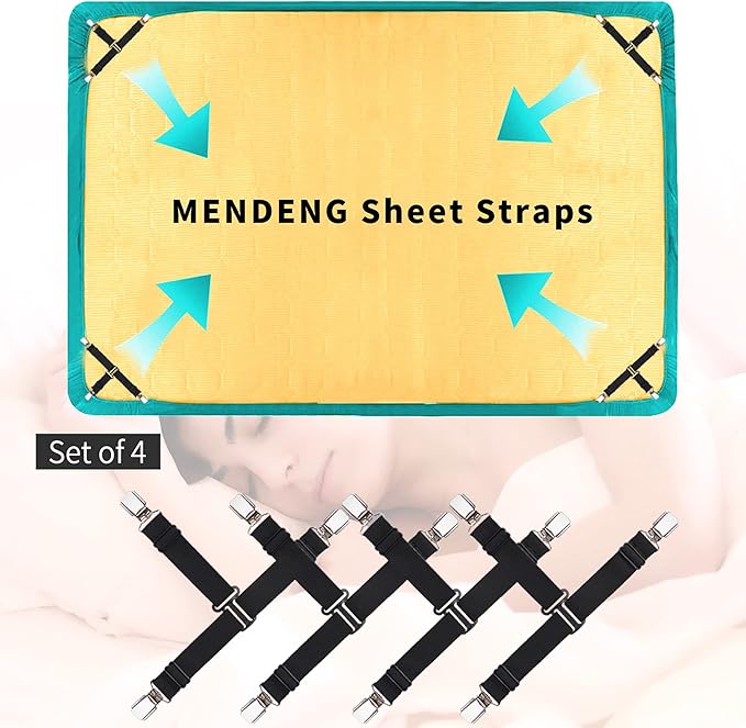 MENDENG Sheet Straps Fitted Sheet Clips Holder Surspeners Keep Sheets in Place Bed Sheet Fasteners Gripper Black 4P