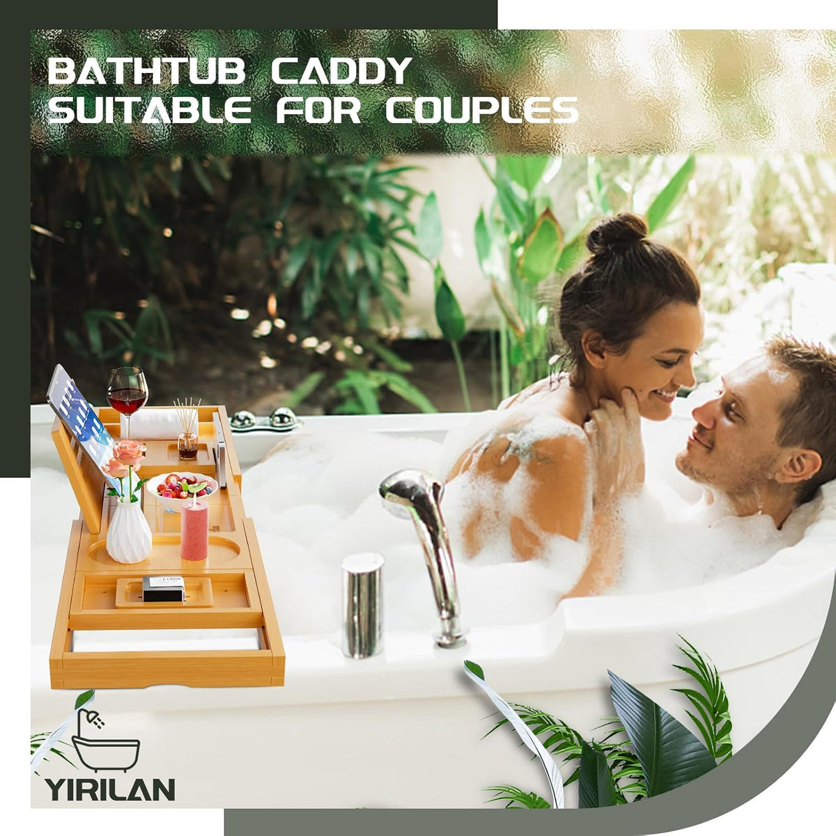 Bamboo Bath Tray, Foldable Premium Bath Caddy, Adjustable Bath Board with Book Rest, Extendable Wooden Tray Bath Shelf – Fits Most Bath Sizes