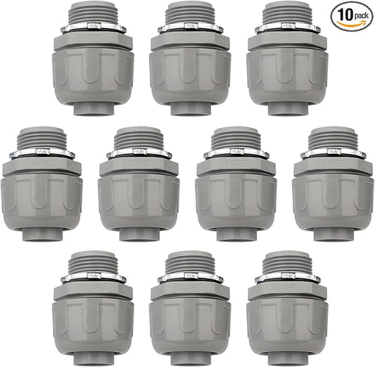 Conduit Connectors, 34 Inch Liquid Tight Connector NPT Non-Metallic for PVC Electrical Flexible Conduit Fittings, 180 Degree Straight, UL Listed for Home Outdoor Tubes Tools, Grey (10-Pack)
