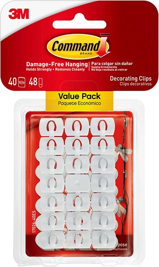 Command Decorating Clips, 40 Clips and 48 Command Strips, Damage Free Hanging Light Clips with Adhesive Strips, No Tools Small Wall Clips for Hanging Lights and Cables